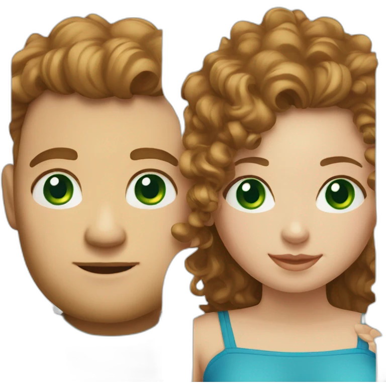 Couple. white European man with brown curly hair and bright blue eyes. chubby wphite woman with long light brown curly hair and green eyes. emoji