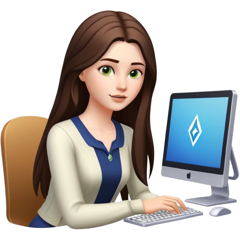 beautiful pale brunette girl with long hair playing the sims4 on her computer  emoji