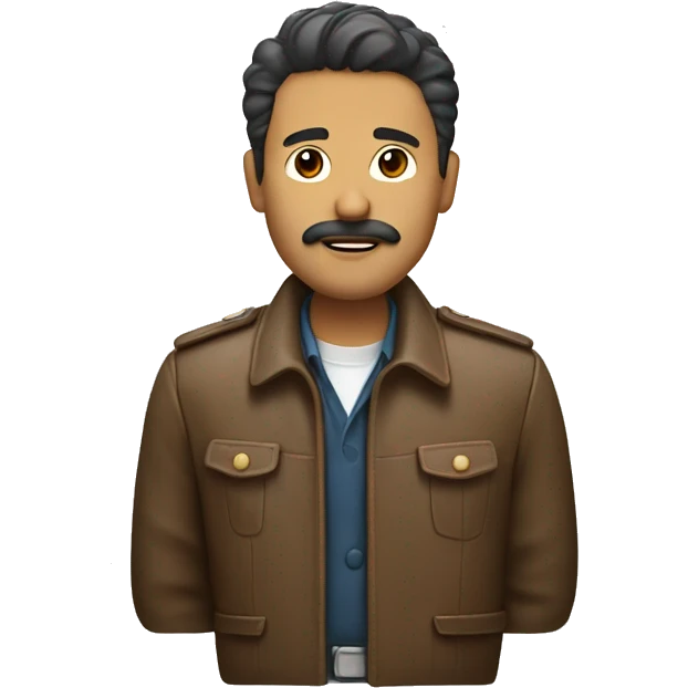Brown jacket with small mustache and staight hair white handbadge emoji