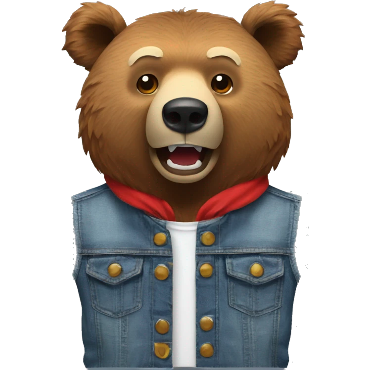 grizzly bear wearing sleeveless jean jacket and red headband with open mouth emoji