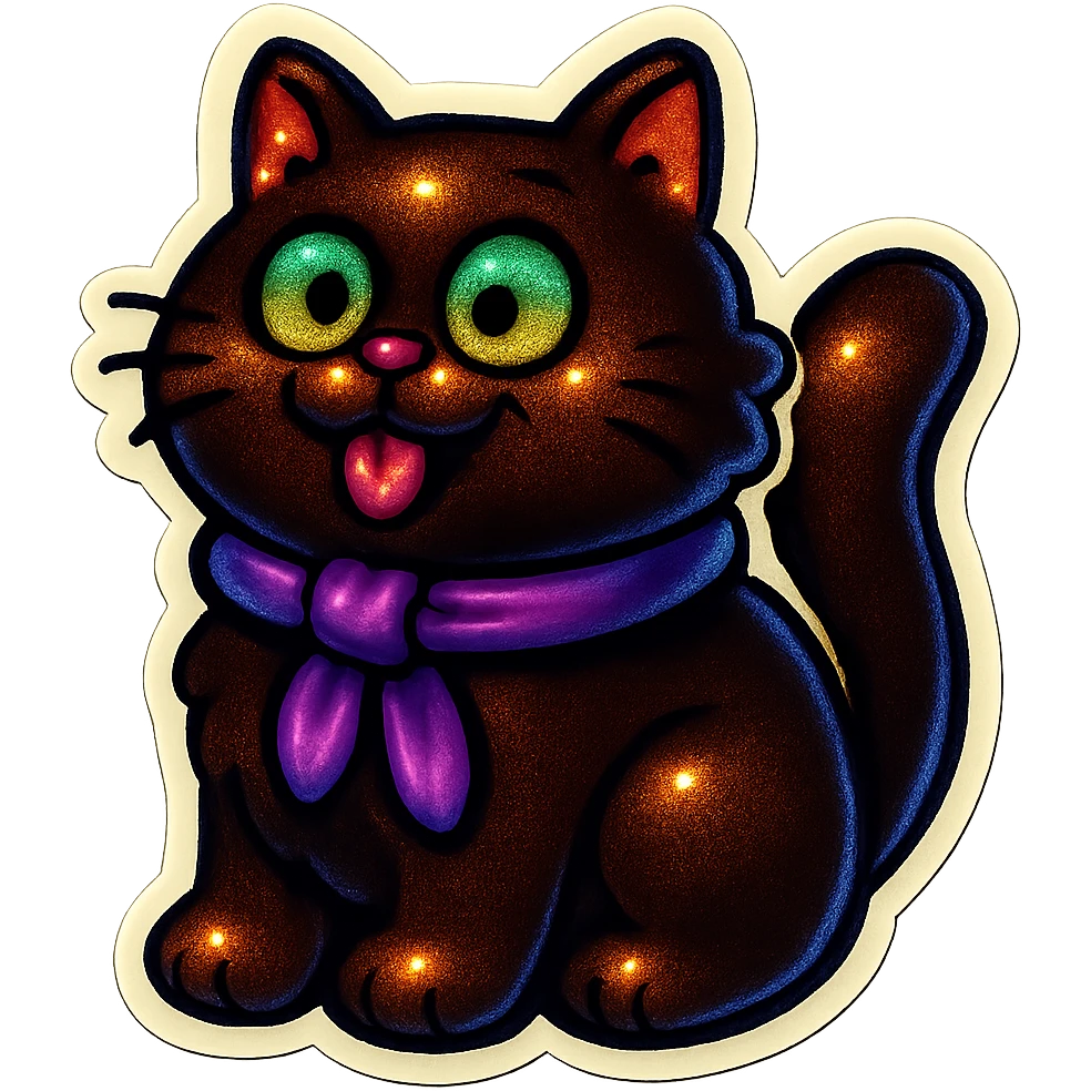 Fluffy cute derpy silly goofy funny dark-brown cat with green eyes and a purple scarf  emoji