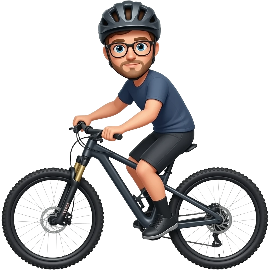 light brown hair guy with a helmet, glasses  and a small beard doing mountain bike emoji