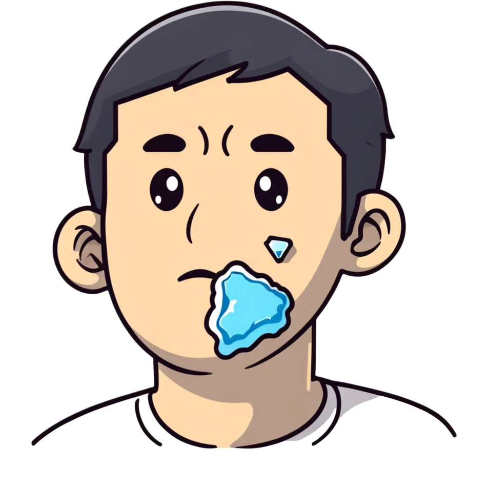 Person holding ice on swollen cheek, painful expression emoji