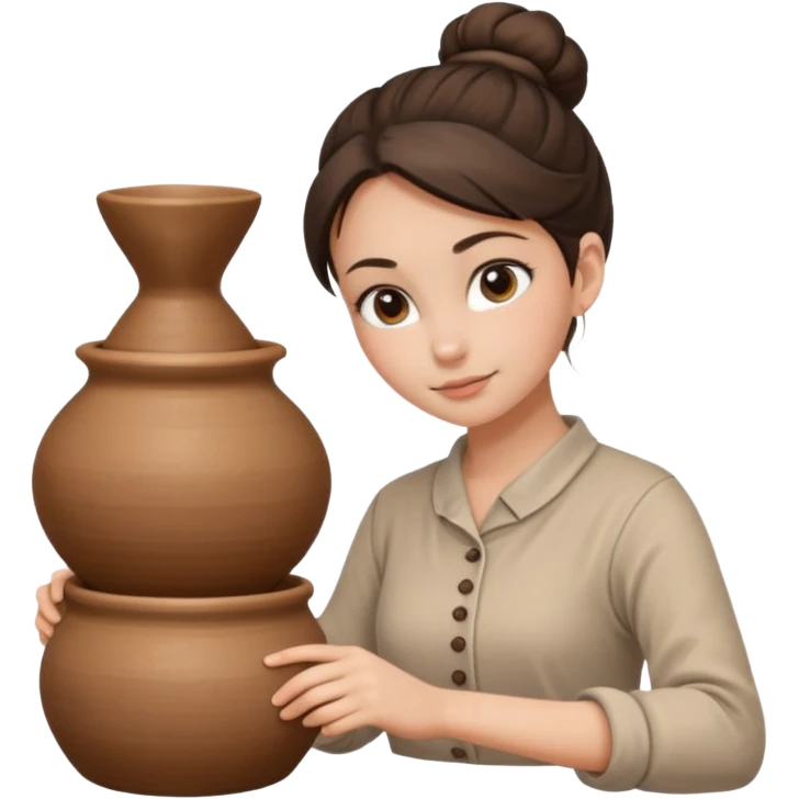 Brunette girl with a bun, behind the potter's wheel, wearing neutral clothing emoji