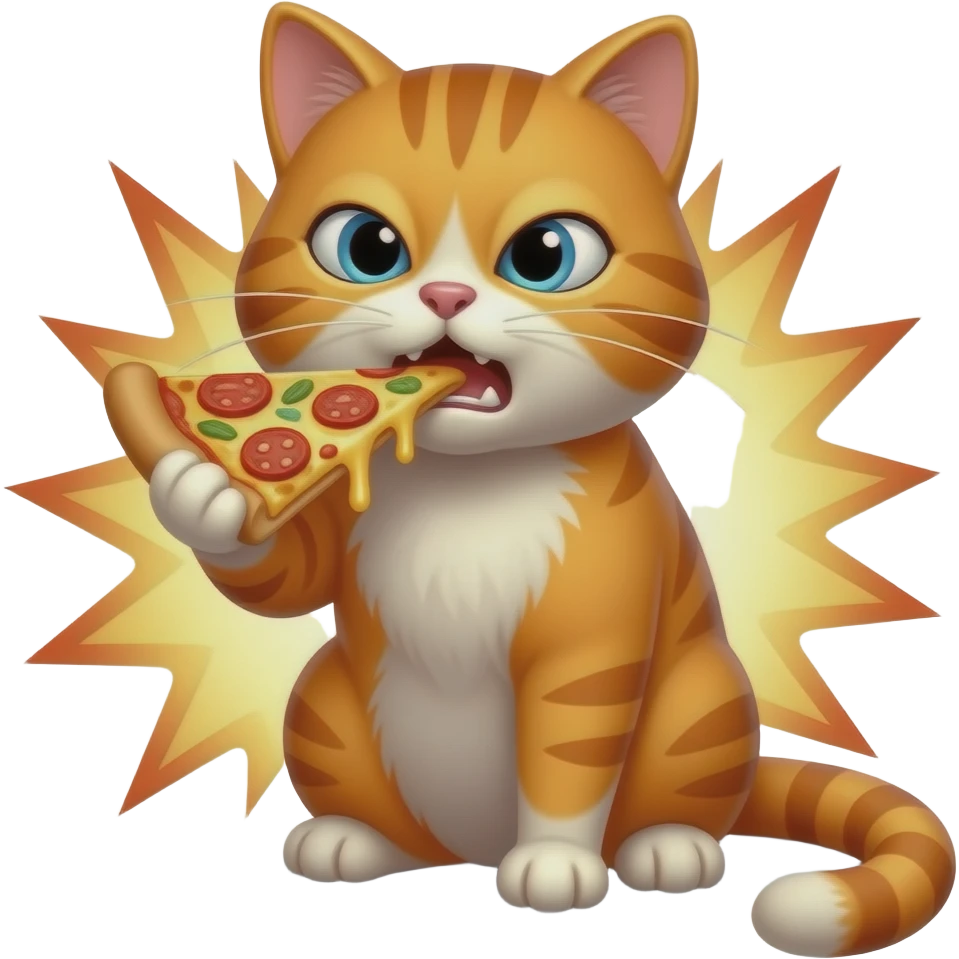 Orange cat eating pizza and making an ugly face while the pizza explodes emoji