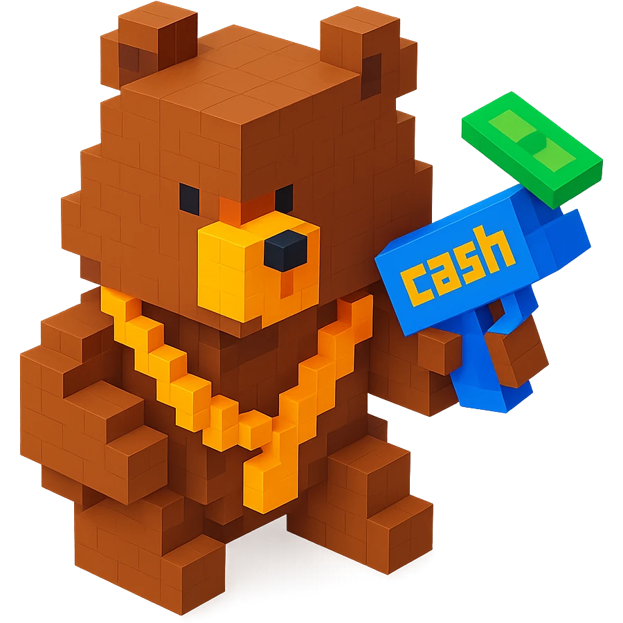 Russian grizzly bear wearing a rapper chain and holding a money gun emoji