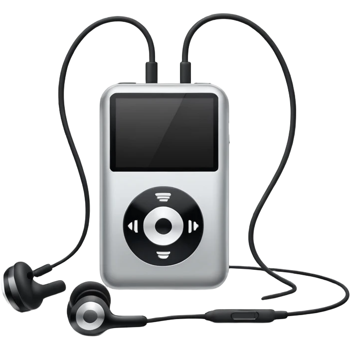 Futuristic iPod emoji with earphones, metallic black and white, smooth reflective surfaces, flat minimal vector design, clean UI style emoji