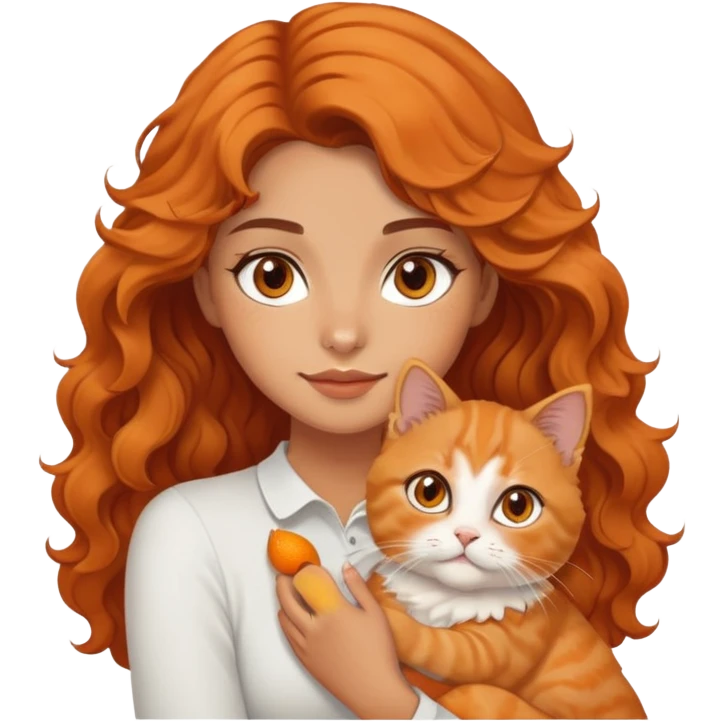 a wavy haired tanned girl with brown eyes and soft features carrying a persian orange cat emoji