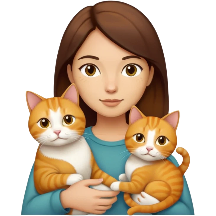 Straight short hair ear length in dark brown , skin tone honey . holding one ginger cat and one yellow white cat same size  emoji