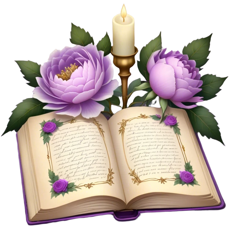 An antique botanical journal with golden-edged pages, filled with meticulously pressed lilac roses, ice violet peonies, and amethyst dahlias, lies open beneath the soft glow of candlelight, its delicate illustrations and handwritten notes whispering stories of forgotten gardens as a pearl butterfly gently perches on its weathered cover. emoji