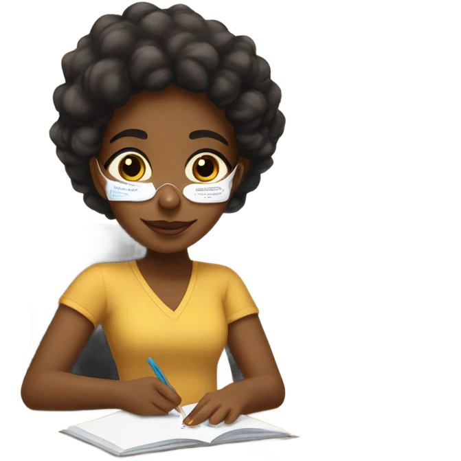 Brown girl with self care mask on, doing homework  emoji