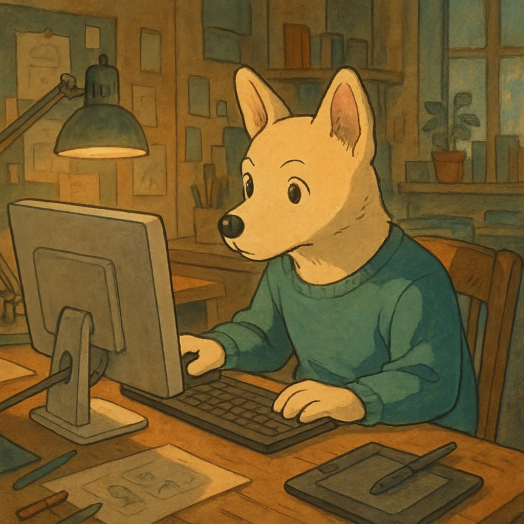 ghibli style light dog graphic designer, focused at a computer, artistic atmosphere emoji