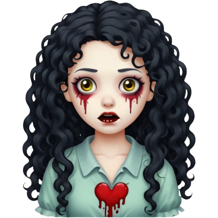 adorable zombie girl with long black curly hair and a white streak, unsettling face, makeup, iPhone emoji style emoji