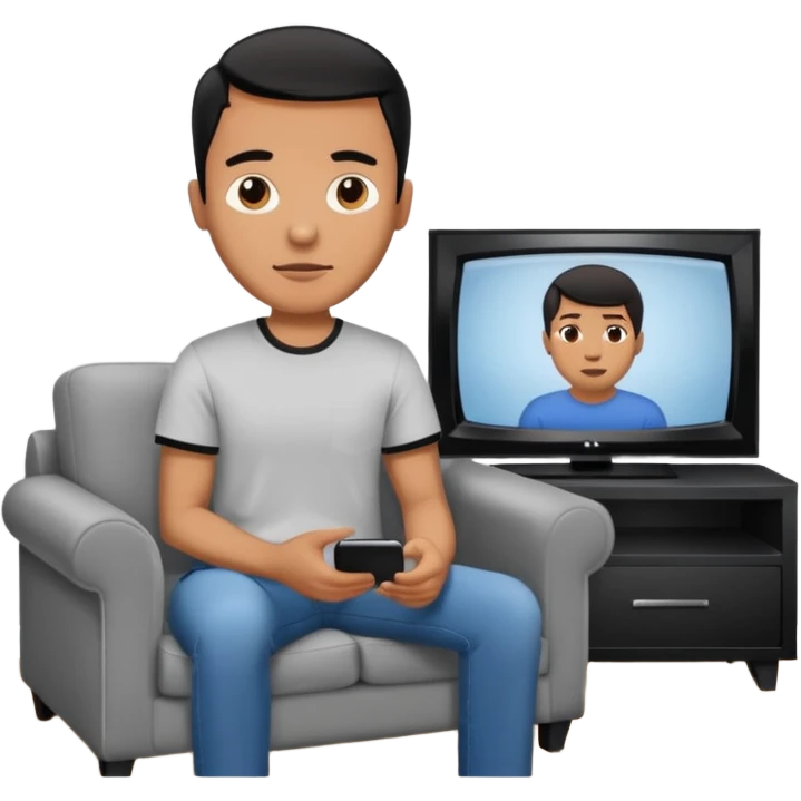 A man photographed from behind, sitting on a sofa and watching the news on TV on a modern flat screen. The setting is a living room. emoji