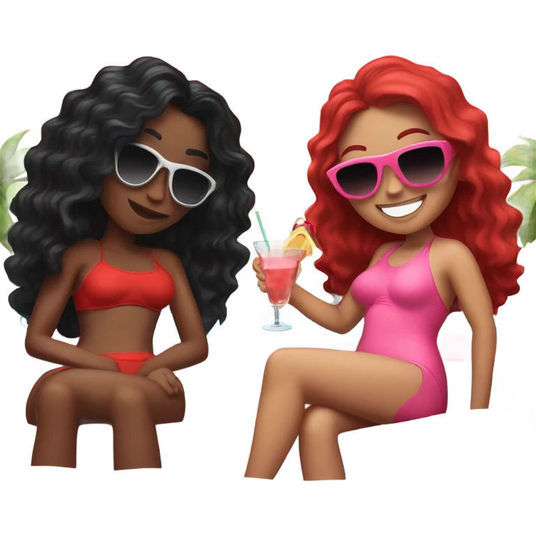Two girls. One of them with long black wavy hair, sunglasses on, red swimming suit, another one is red hair, pink swimming suit, both drink cocktails and laying on the outdoor couch  emoji