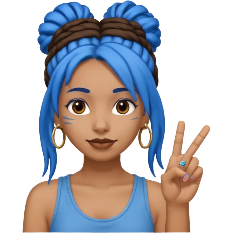 brown girl with blue dreads in a bun, giving peace sign with middle finger emoji