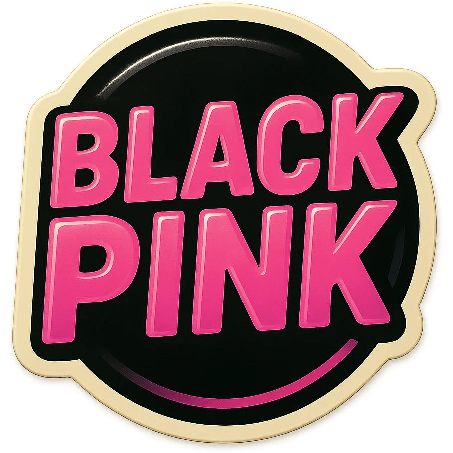 BLACKPINK-inspired wearable object, black and pink colors, nostalgic and playful, could be a patch, badge, or button emoji