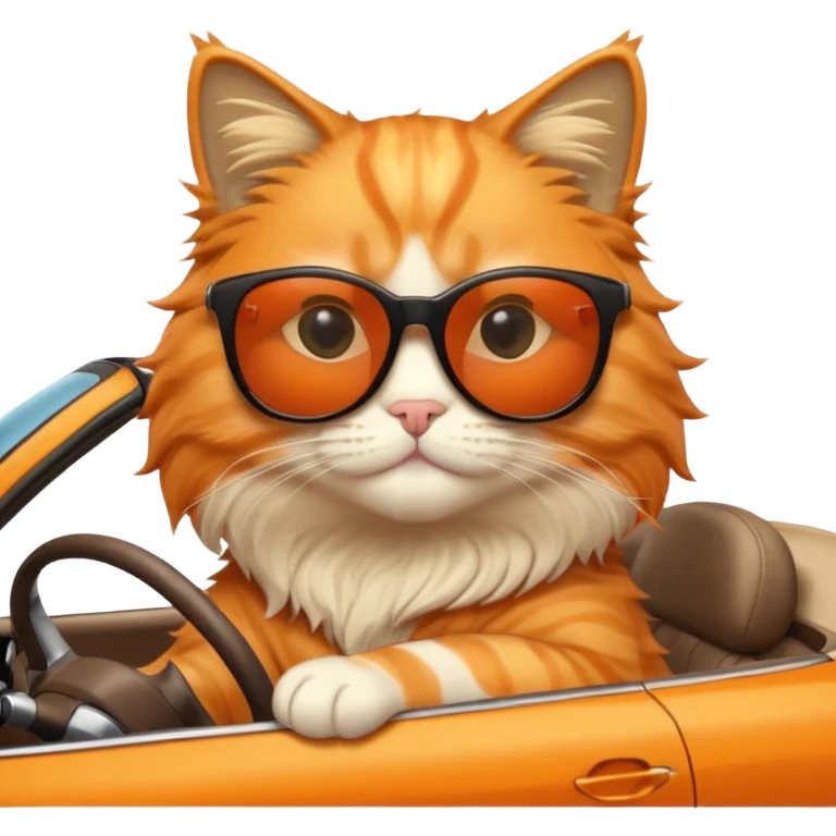 Orange fluffy cat with sunglasses driving a car emoji