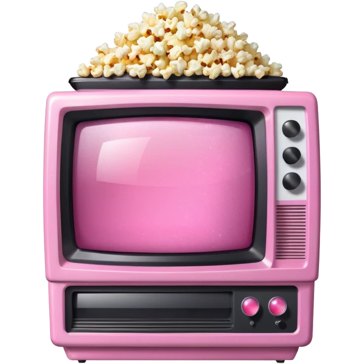 front view of transparent sparkly pink shiny CRT TV sitting on top of pink VCR, with pink/white rhinestone bucket of popcorn beside it emoji