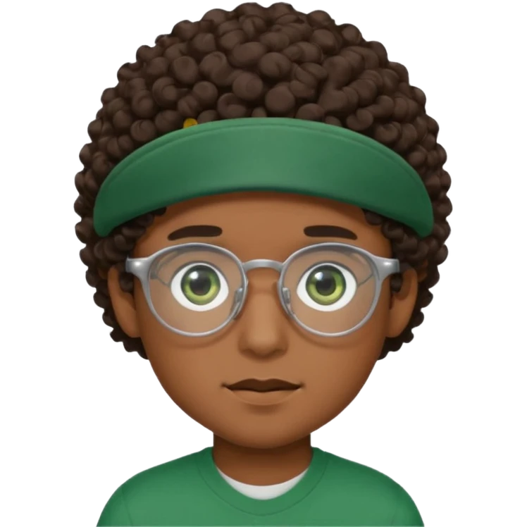 Garçon brun avec une coupe casquette, des cheveux bouclés, des yeux verts foncés et des lunettes rectangulaires transparentes emoji
