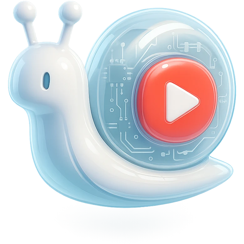 white robot snail with YouTube play button, glossy circuit style emoji
