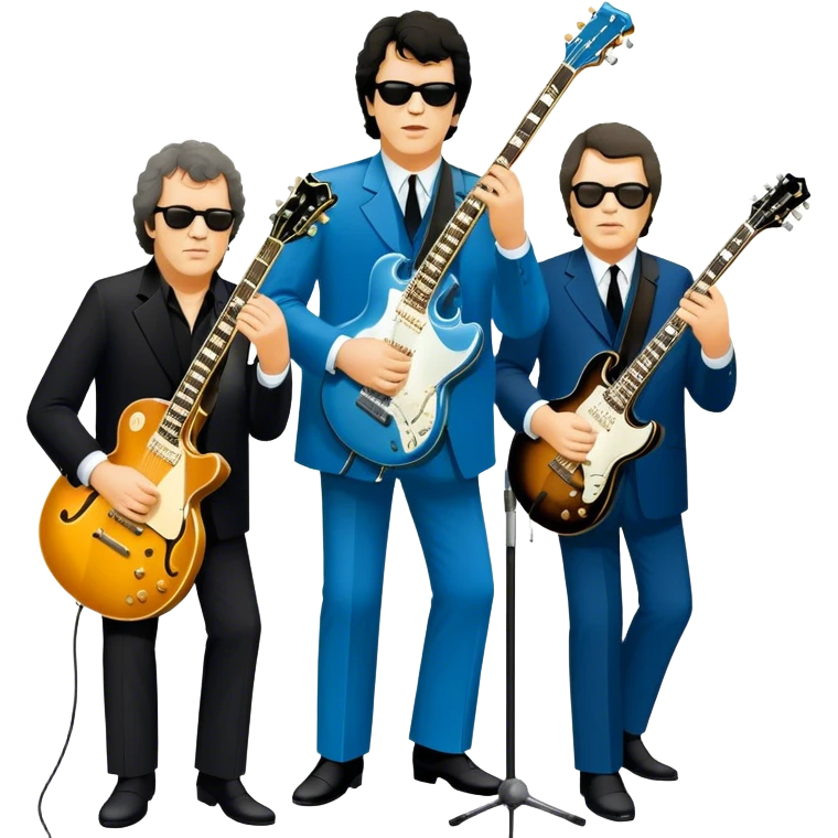 Icon for Blues Music: collage of legendary blues artists. Gary Moore, Eric Clapton, B.B. King and Joe Cocker. Represented by silhouettes or symbolic items like guitars, microphones, or music notes, reflecting the soulful energy of blues music. Transparent background. emoji