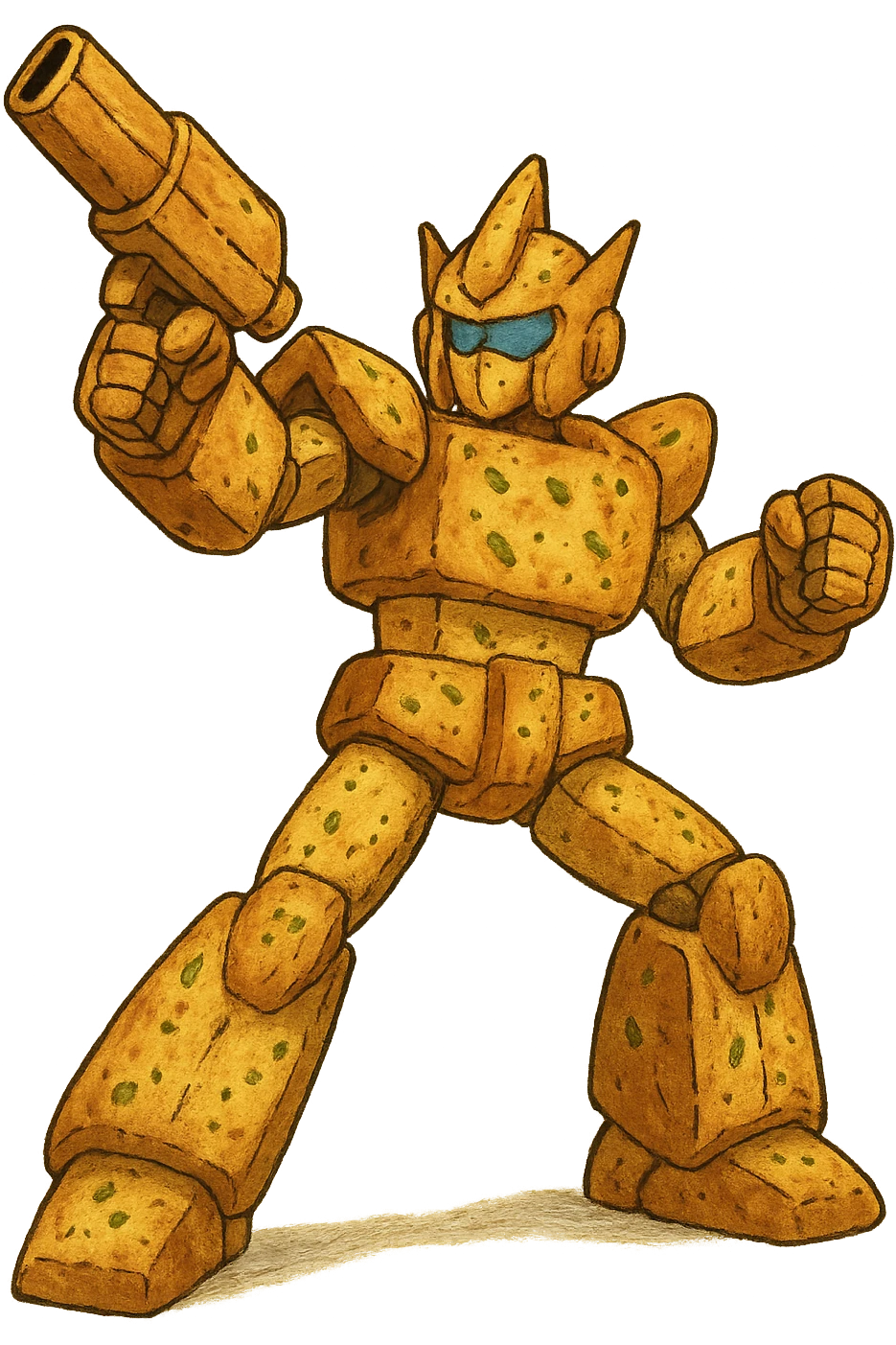 A transforming robot warrior with his blaster raised, action pose, except it’s garlic bread  emoji