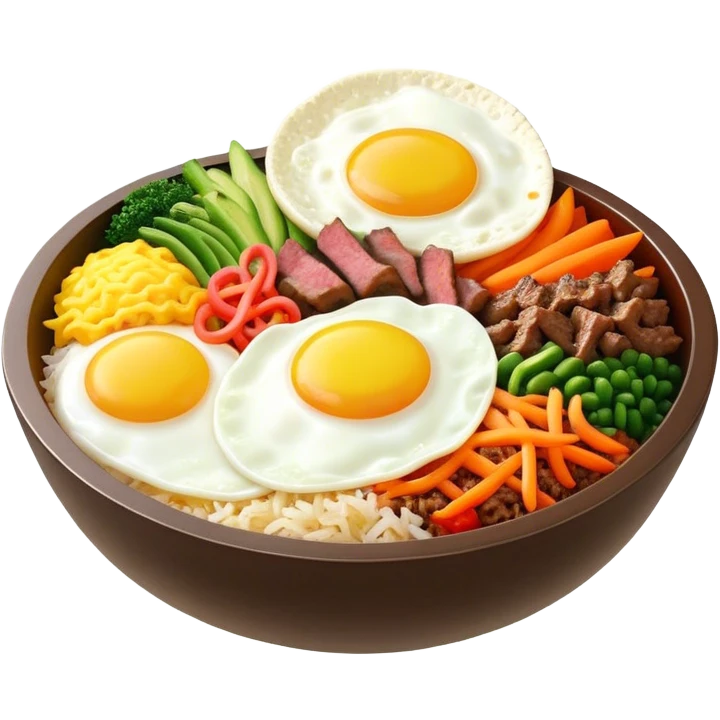 Cinematic Realistic Bibimbap Dish Emoji, showcasing a colorful bowl of mixed rice, assorted vegetables, beef, and a fried egg rendered with lifelike detail and vibrant, harmonious lighting. emoji