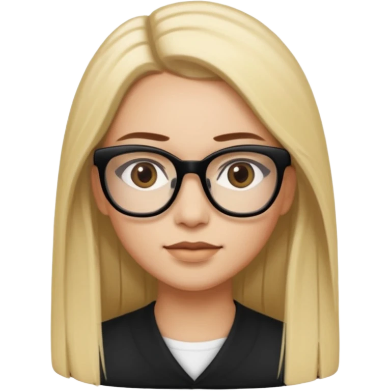 A woman with light skin tone, long straight blonde hair parted to the side, large brown eyes, wearing black-framed glasses, and a neutral expression with a slight smile. emoji