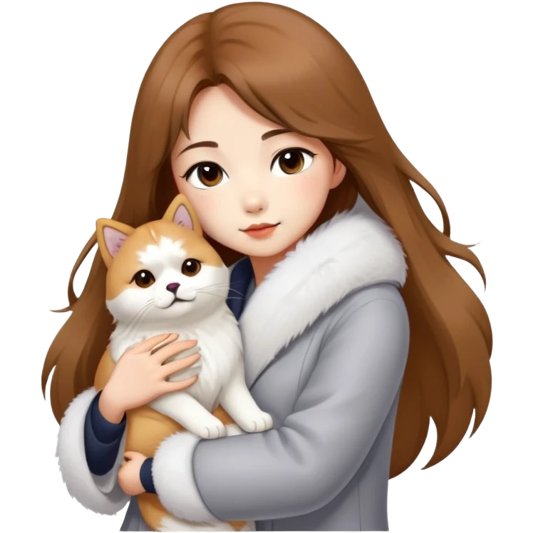 A Chinese fashion pretty girl with brown hair, wearing a light gray fur coat, hugging a Shiba Inu and a long-haired white Persian cat. emoji