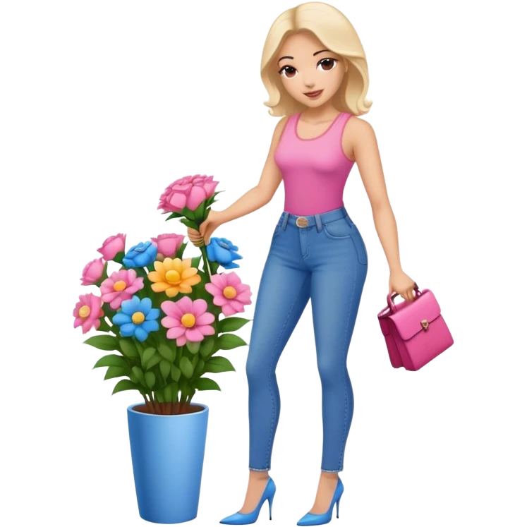 Make her building a flower bouquet in a pink top and jeans and heels emoji