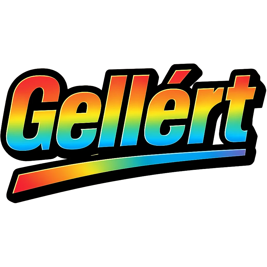 Gellért name in modern gradient font with precise Hungarian characters, dark outline, extra bold, prominent white letter border, dynamic slanted underline, rainbow color gradient, 1000x1000 px, PNG, transparent background emoji