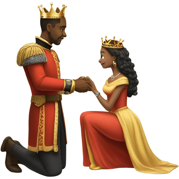 King putting ring on his queens finger while on one knee emoji