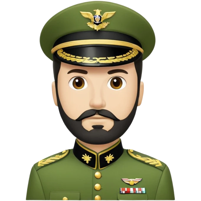 A white military officer in a green uniform whit a small black beard over his mouth  emoji