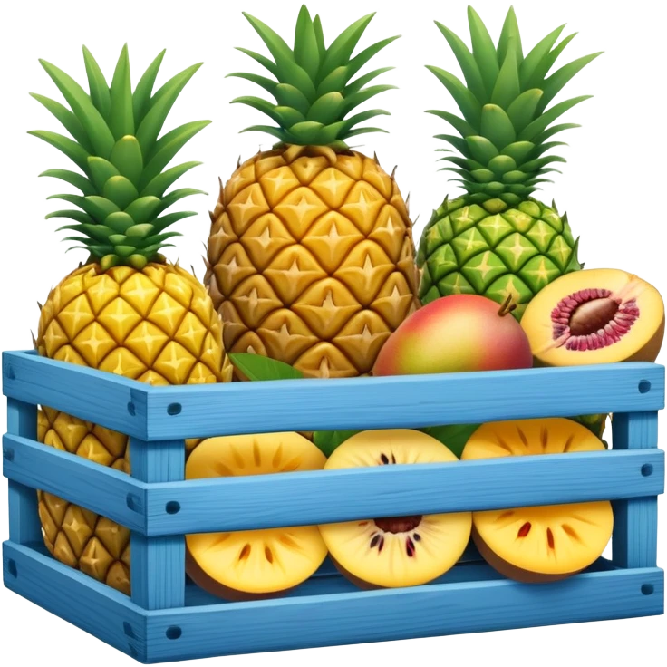 pineapples, mango and passion fruit in a blue crate emoji