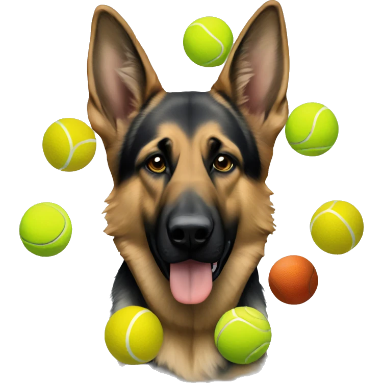 German shepherd with Olympic rings and tennis balls emoji
