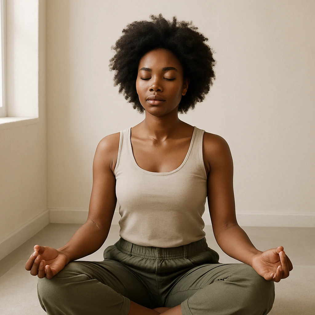 realistic style portrait of a black woman meditating, in a minimalist interior with natural light emoji