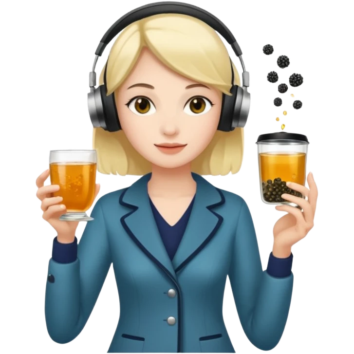 a young woman full length walks with headphones on with a caviar toast in one hand and herbal tea in the other hand emoji