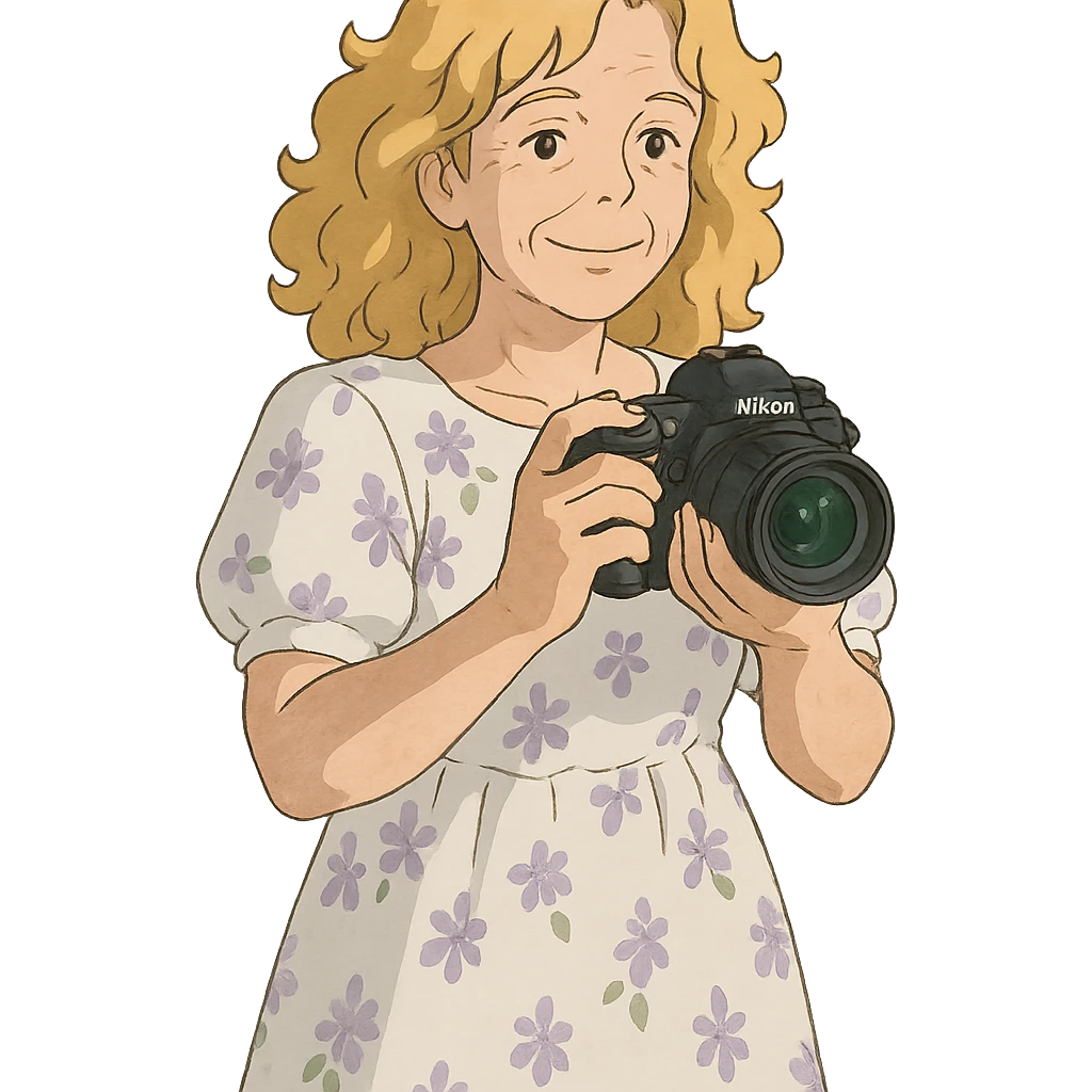 chica rubia de rulos de 50 años con cámara Nikon y vestido largo blanco con flores lilas, estilo ghibli emoji
