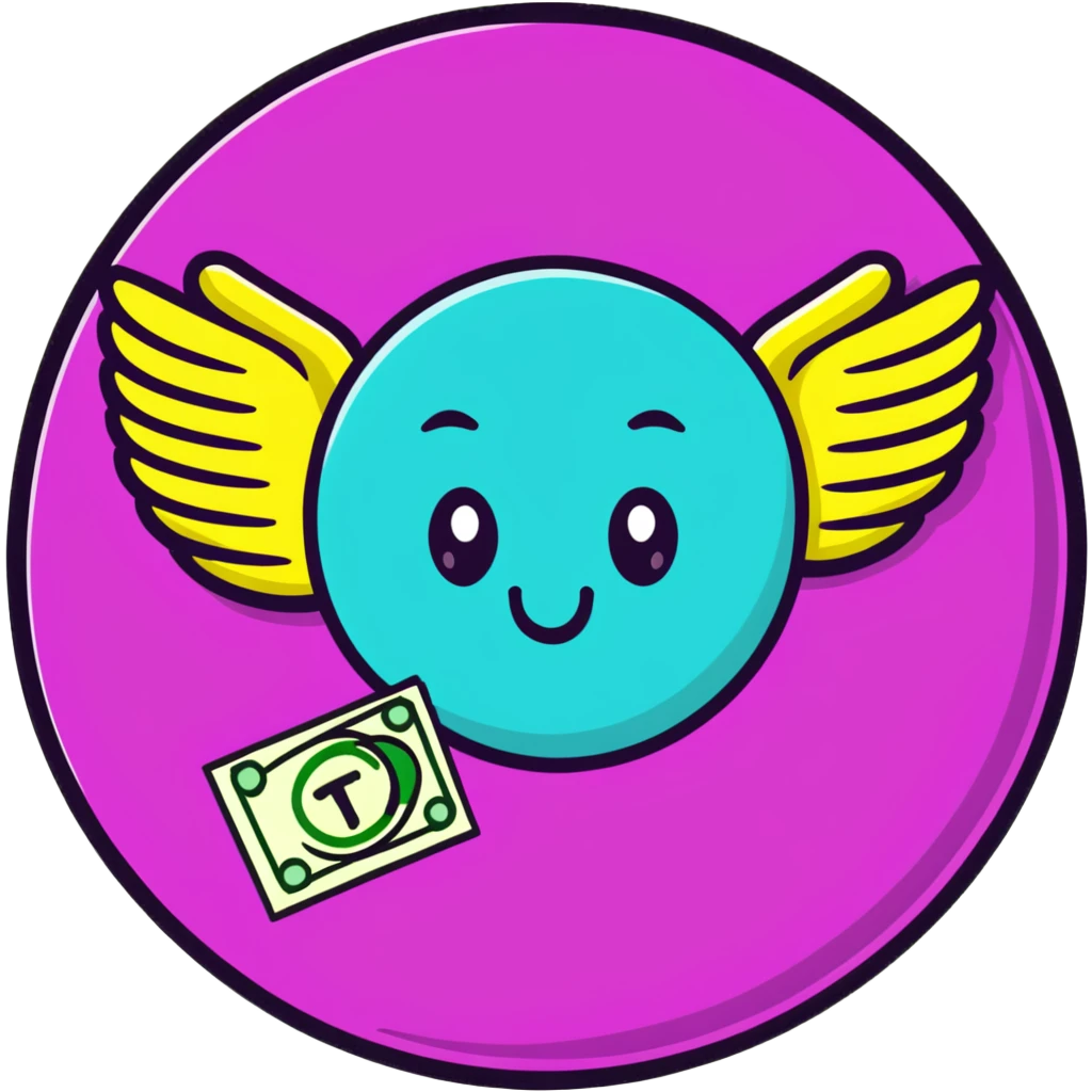 Minimalist sticker with white 'tt' letters on a black circle with cyan, magenta, and yellow dots below, money with wings emoji with street style influence emoji