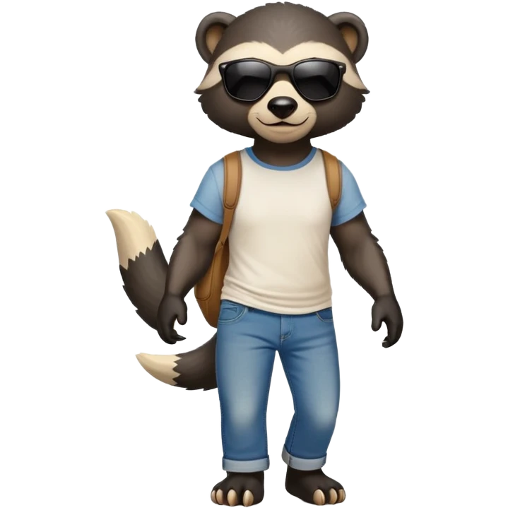 friendly anthropomorphised honey badger in jeans and a t-shirt, wearing sunglasses, walking upright, relaxed pose emoji