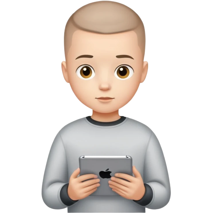 Kid with a buzz cut and white holding iPad emoji