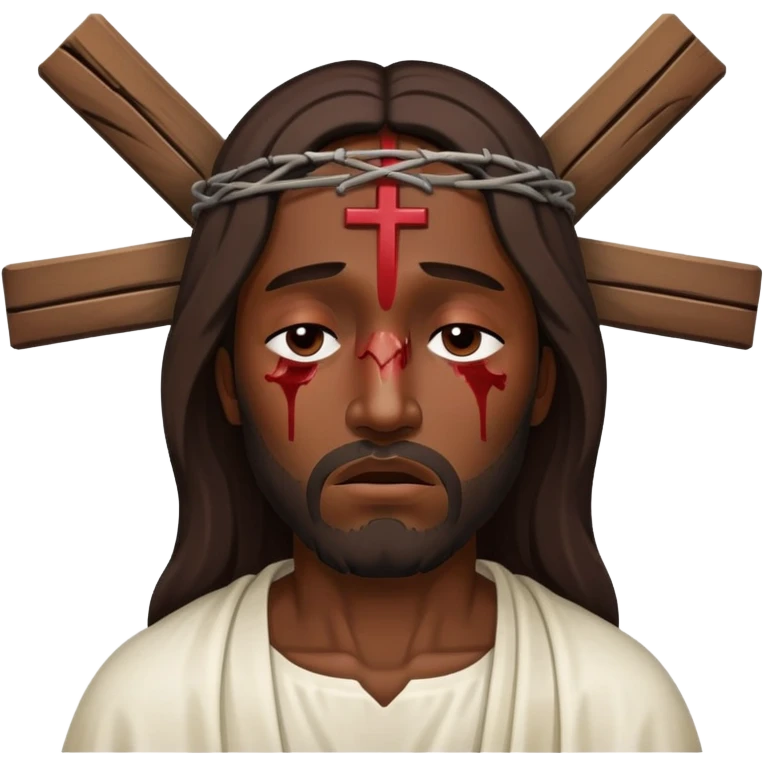 Dark skin Jesus with injuries and eyes closed on the cross emoji