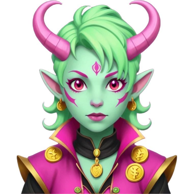 A D&D tiefling with pale green skin and hot pink hair. She is a rouge and is obsessed with gold emoji