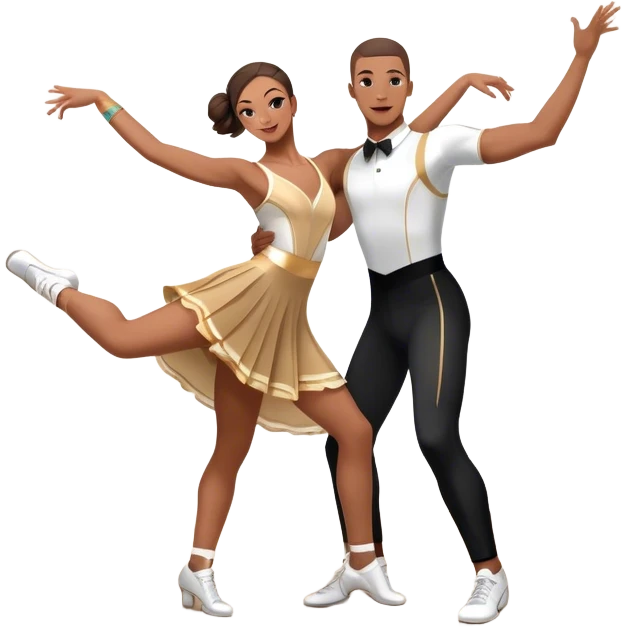 Icon for Sports Dance: a couple performing an energetic and synchronized dance, dressed in competitive dance attire, dance shoes, a rhythmically placed dance floor, and a competition backdrop. The icon should capture the athleticism, technique, and precision of sports dance. Transparent background. emoji