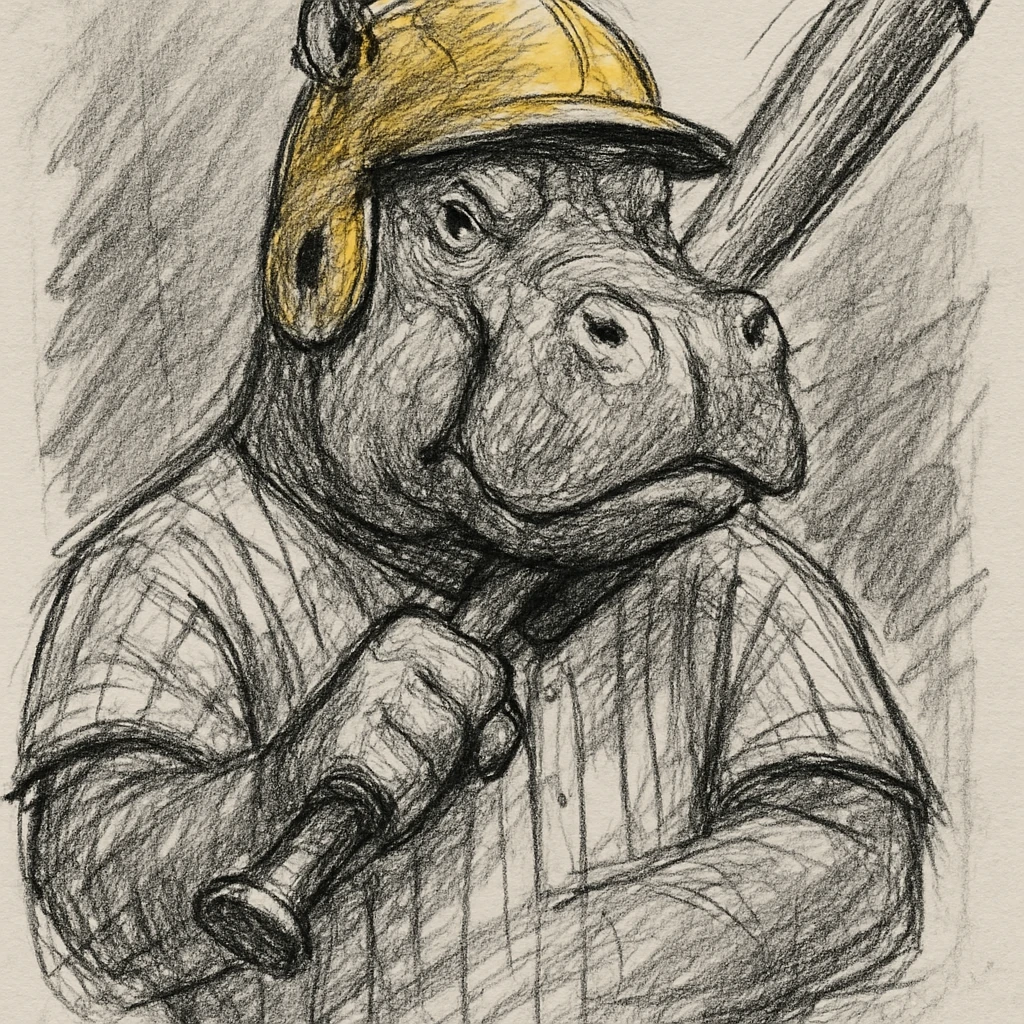 hippo holding a baseball bat, wearing a yellow helmet, pinstripes outfit emoji