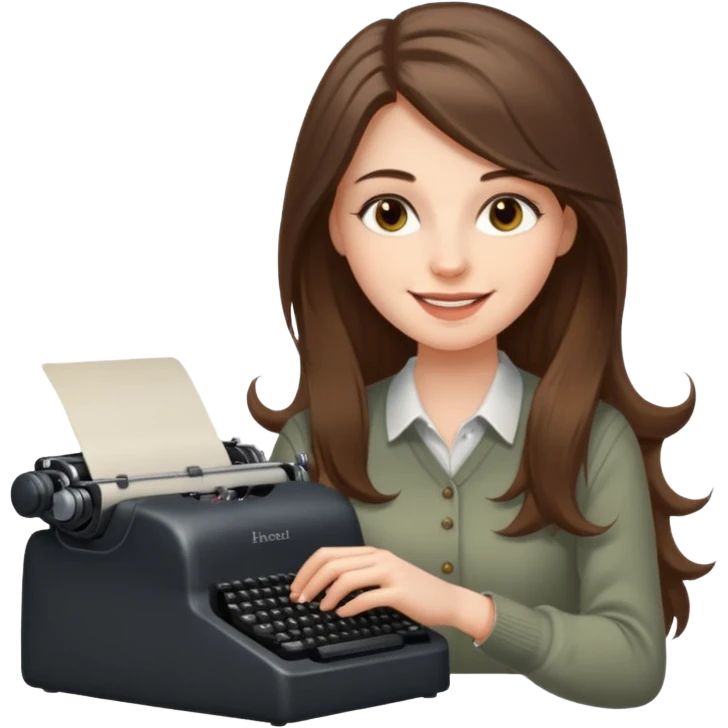 smiling white long brunette hair girl with hazel eyes typing on a typewriter emoji
