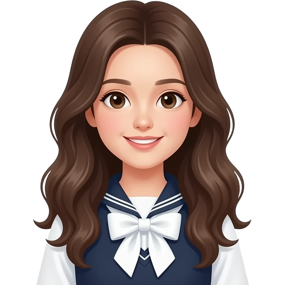 A female student with long hair, fair skin, rosy cheeks, and a sweet, innocent look. Her hair is softly curled in natural waves, and she has a bright smile. She wears a minimalist white or beige bow. emoji