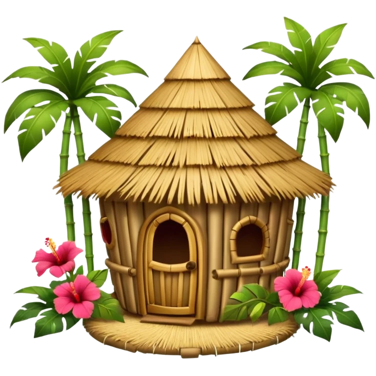 Hawaiian tiki hut house, round tropical hut, bamboo details, thatched roof, tiki masks decoration, hibiscus flowers, cute mobile game icon, 3D cartoon, clean background, no text emoji