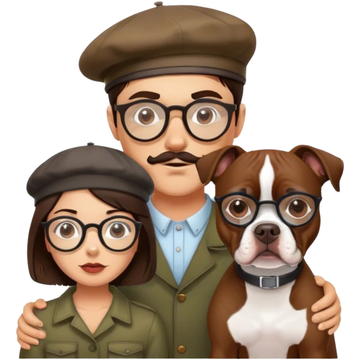 brunette hipster man w wire glasses and brunette girl with bob and beret and a brown pitbull boston terrier  emoji